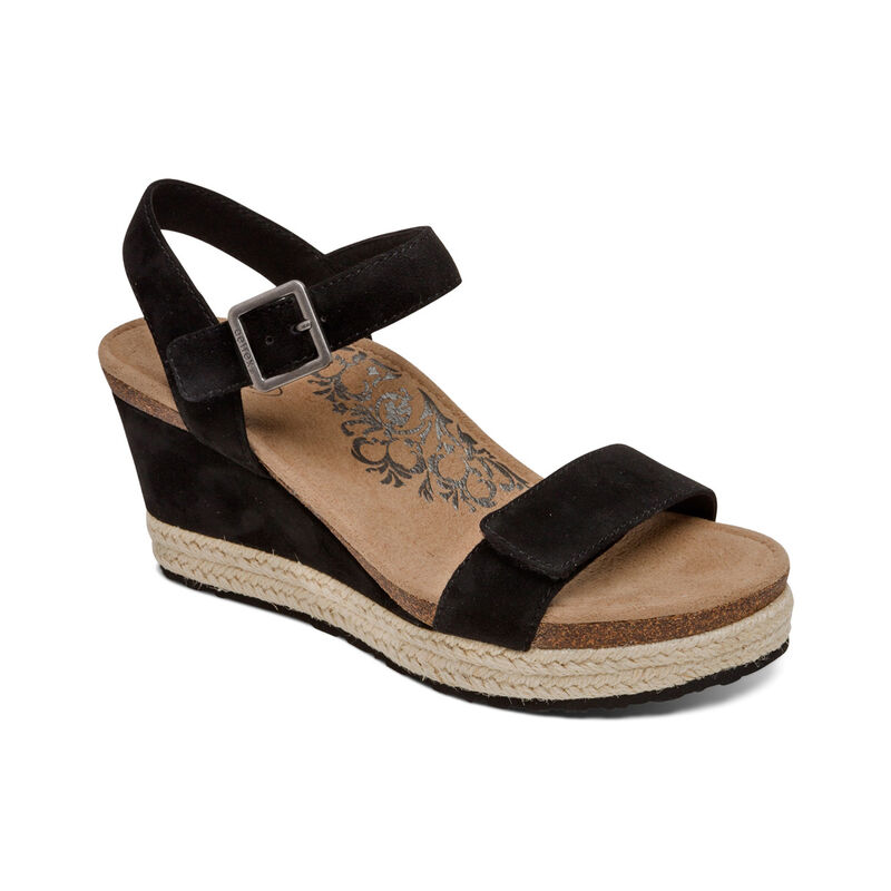 Aetrex Womens Sydney Quarter Strap Espadrille Wedges Black - hNxjs4Ufx